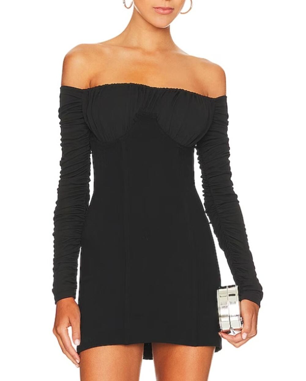 NBD Black Bodycon Mini Dress SMALL Cocktail Bustier Off Shoulder Revolve $248